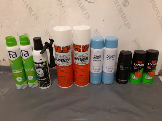 APPROXIMATELY 12 ASSORTED AEROSOLS TO INCLUDE LYNX JUNGLE FRESH, BOOTS SHAVING GEL, AND CLIPPERCIDE ETC. 