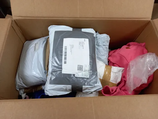 BOX OF ASSORTED CLOTHING ITEMS IN VARIOUS COLOURS, SIZES AND STYLES