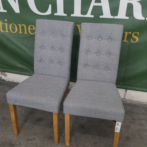 PAIR OF UPHOLSTERED BUTTONED BACK DINING CHAIRS GREY FABRIC ON NATURAL WOOD LEGS 