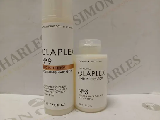 LOT OF 2 OLAPLEX PRODUCTS TO INCLUDE NO.9 NOURISHING HAIR SERUM & NO.3 HAIR PERFECTOR 