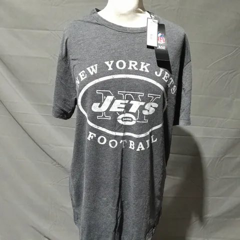 RECOVERED NFL NEW YORK JETS FOOTBALL PRINT GREY T-SHIRT SIZE LARGE