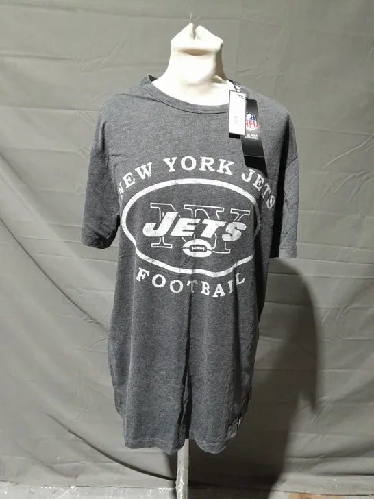 RECOVERED NFL NEW YORK JETS FOOTBALL PRINT GREY T-SHIRT SIZE LARGE