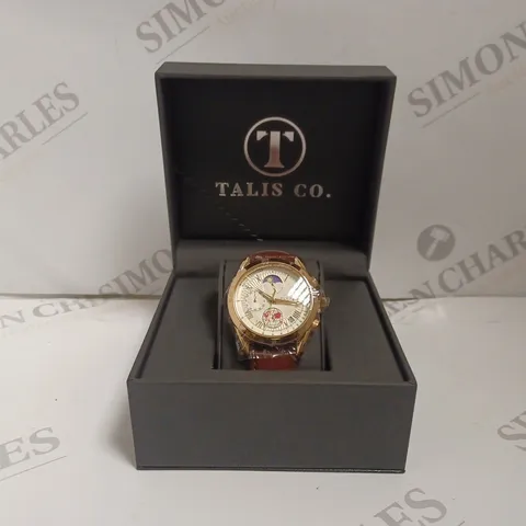 BOXED TALIS CO LUXURY CHRONOGRAPH WATCH WITH LEATHER STRAP 