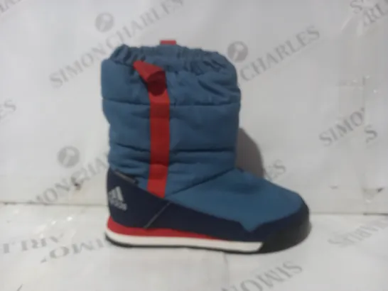 BOXED PAIR OF ADIDAS KIDS SNOWPITCH SLIP-ON BOOTS IN BLUE/ORANGE UK SIZE 11.5