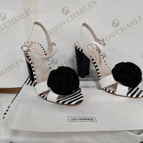 BOXED PAIR OF LULU GUINNESS HIGH HEEL SANDALS (BLACK AND WHITE, SIZE 39)