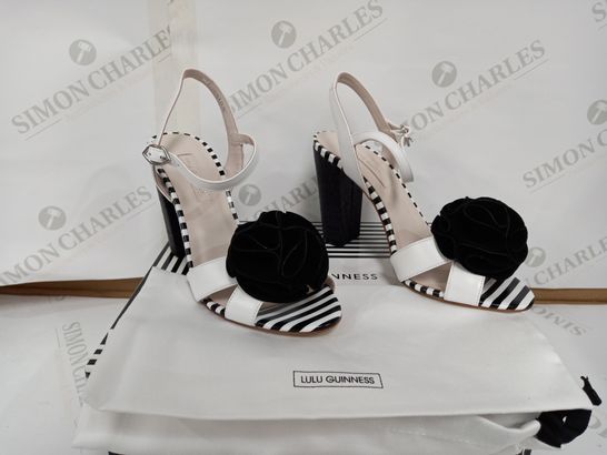BOXED PAIR OF LULU GUINNESS HIGH HEEL SANDALS (BLACK AND WHITE, SIZE 39)
