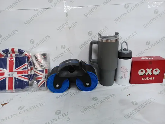 BOX OF APPROX 20 ASSORTED ITEMS TO INCLUDE - KING CHARLES PAPER PLATES & CUPS - OXO CUBES TIN BOX - THERMAL FLASK CUP ECT