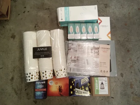 PALLET OF ASSORTED ITEMS INCLUDING JUVALE PAPER CUP, TEETH WHITENING STRIPS, PROTECTIVE MASK, SILICONE YUMMY POUCH, LED FILAMENT BULB, MUSIC ALBUMS