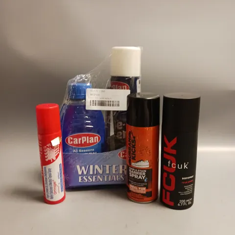 APPROXIMATELY 8 ASSORTED AEROSOLS TO INCLUDE URBAN KICKS RAIN & STAIN BARRIER SPRAY, CARPLAN DE-ICER AND SCREENWASH, FCUK BODYSPRAY ETC COLLECTION ONLY