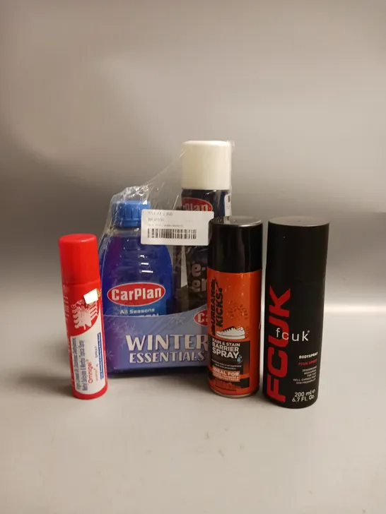 APPROXIMATELY 8 ASSORTED AEROSOLS TO INCLUDE URBAN KICKS RAIN & STAIN BARRIER SPRAY, CARPLAN DE-ICER AND SCREENWASH, FCUK BODYSPRAY ETC COLLECTION ONLY