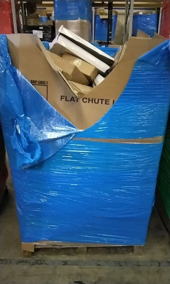 PALLET OF ASSORTED ITEMS INCLUDING POOCH AQUA CLEANER, ELECTRIC CLOTHES DRYER, RED UMBRELLA, RETRACTABLE SAFETY GATE AND CURTAIN ROD