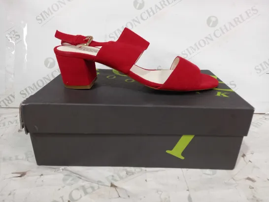 BOXED PAIR OF JONES LOW HEEL OPEN TOE SUEDE SANDALS IN RED UK SIZE 8