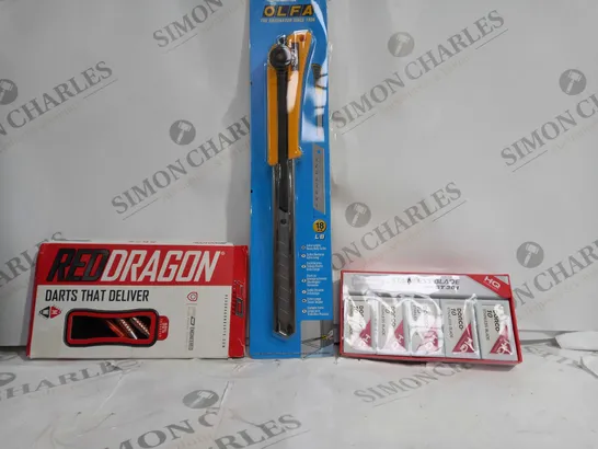 APPROX 15 HOUSEHOLD ITEMS TO INCLUDE BOX CUTTER, STAINLESS BLADES, RED DRAGON DARTS