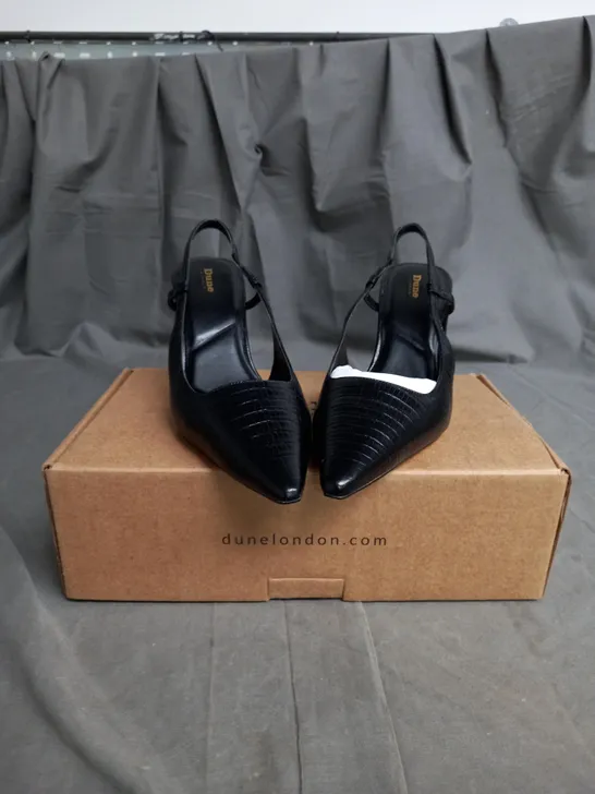 BOXED PAIR OF DUNNE LONDON BLACK PRINT FAUX LEATHER HIGH HEELS SIZE 5