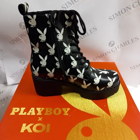 BOXED KOI FOOTWEAR THE ORNATE SOUL PLAYBOY BLACK HEELED BOOTS - 6