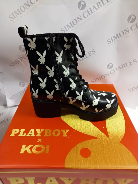 BOXED KOI FOOTWEAR THE ORNATE SOUL PLAYBOY BLACK HEELED BOOTS - 6