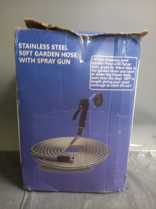 STAINLESS STEEL 50FT GARDEN HOSE WITH SPRAY GUN