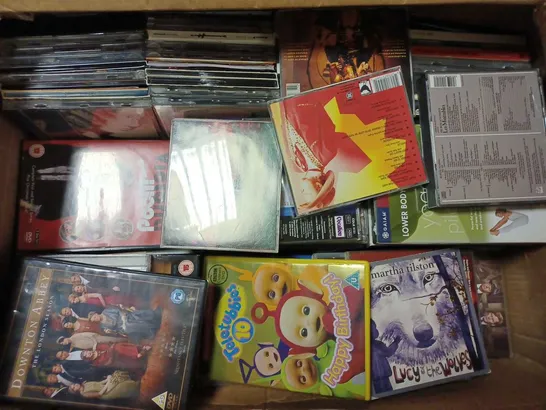 BOX OF APPROX 30 ASSORTED CDS AND DVDS TO INCLUDE ANNIE LENNOX, STRIKING OUT AND FAITH NO MORE