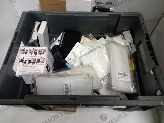 BOX TO CONTAIN APPROX. 25 X ASSORTED PHONE ACCESSORIES. INCLUDES PHONE CASES, CHARGING CABLES & SCREEN PROTECTORS. 