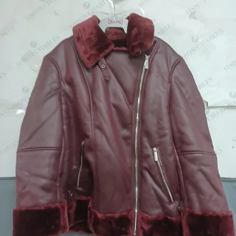 RUTH LANGSFORD FAUX LEATHER JACKET IN BURGUNDY SIZE 14