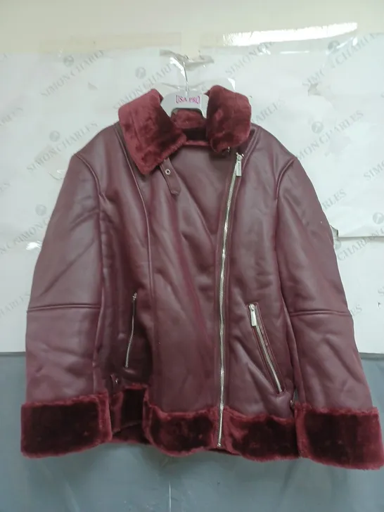 RUTH LANGSFORD FAUX LEATHER JACKET IN BURGUNDY SIZE 14