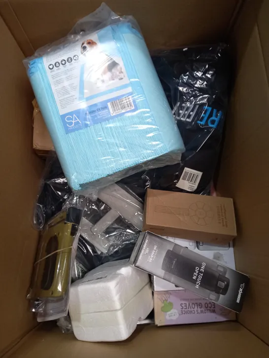 BOX OF APPROXIMATELY 15 ASSORTED ITEMS TO INCLUDE PUPPY TRAINING PADS, FRAME TACKER, KITCHEN SCALES ETC