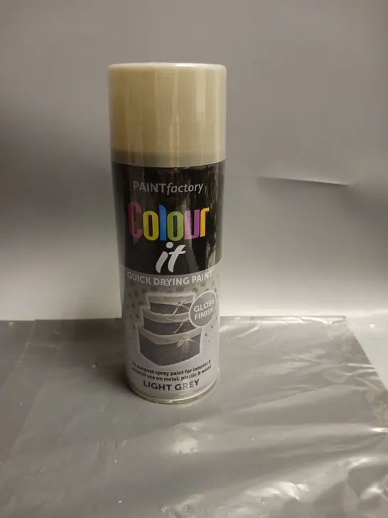 LOT OF 12 PAINT FACTORY COLOUR IT QUICK DRYING SPRAY PAINT LIGHT GREY GLOSS FINISH 400ML PER CAN