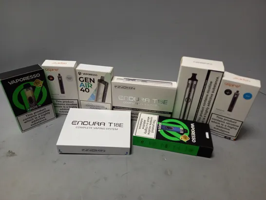 APPROXIMATELY 20 BOXED E-CIGARETTES TO INCLUDE ASPIRE POCKEX KIT, INNOKIN ENDURA T18E, VAPORESSO XROS 4, ETC