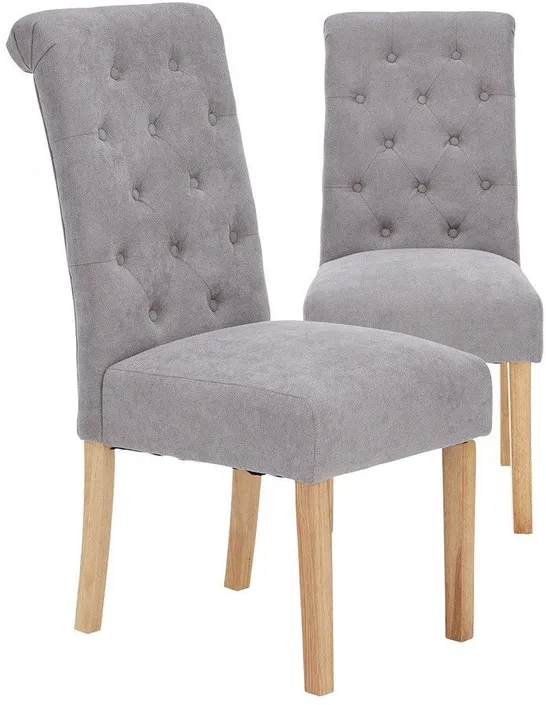 BOXED SET OF 2 FABRIC SCROLL BACK DINING CHAIRS - GREY/OAK EFFECT [COLLECTION ONLY]