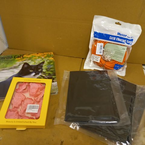 BOX OF APPROX 10 ASSORTED ITEMS TO INCLUDE COOKIE CUTTERS, ASSORTED CALENDARS, 10M CAT8 ETHERNET CABLE