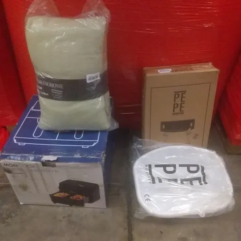 PALLET OF ASSORTED ITEMS INCLUDING DOUBLE AIR FRYER, COTTON THROW, STOOL