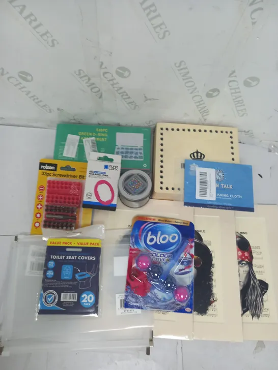 APPROXIMATELY 10 ASSORTED HOUSEHOLD GOODS TO INCLUDE ROLSON SCREWDRIVER BIT SET, CAREESSENTIALS TOILET SEAT COVERS, BLUE COLOUR ACTIVE ETC. 