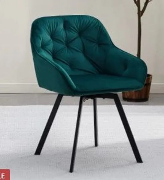 BOXED GARVIES SET OF TWO GREEN VELVET SWIVEL DINING CHAIRS