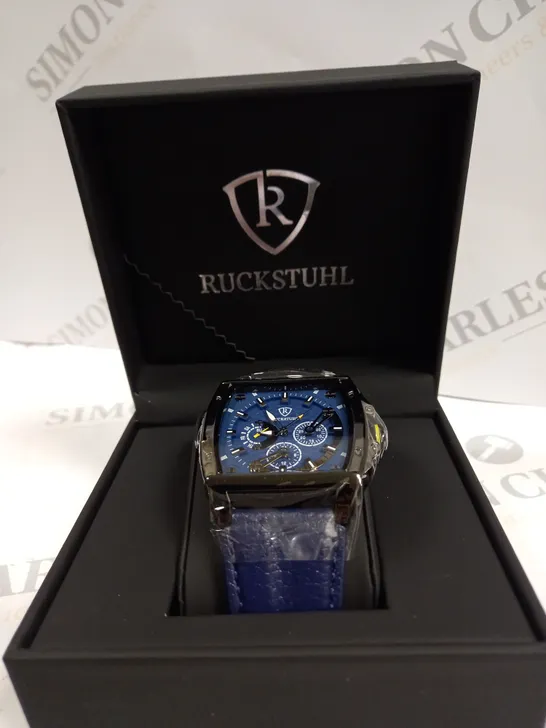 MENS RUCKSTUHL R300 CHRONOGRAPH WATCH- BLUE MULTIFUNCTIONAL DIAL- BLACK CASE- GENUINE LEATHER STRAP- WATER RESISTANT