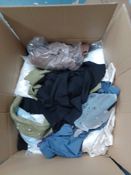 BOX OF ASSORTED CLOTHING ITEMS TO INCLUDE UNDERWEAR, JUMPERS, TOPS ETC 