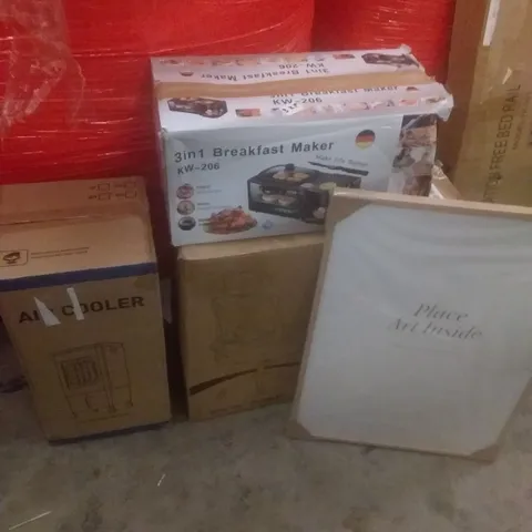 PALLET OF ASSORTED ITEMS INCLUDING AIR COOLER, BREAKFAST MAKER, OFFICE CHAIR, PICTURE FRAME