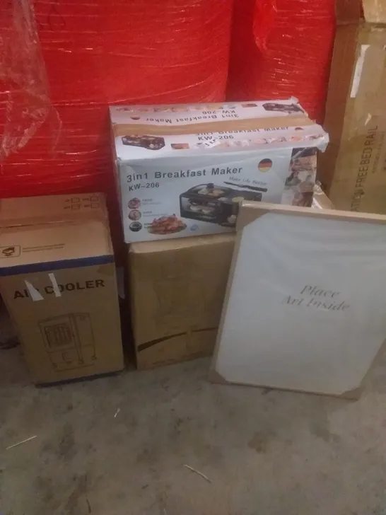 PALLET OF ASSORTED ITEMS INCLUDING AIR COOLER, BREAKFAST MAKER, OFFICE CHAIR, PICTURE FRAME