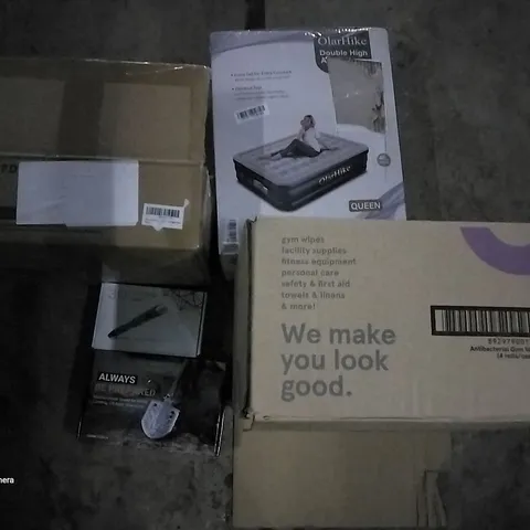 PALLET OF ASSORTED ITEMS INCLUDING ANTIMICROBIAL SURFACE WIPES, OLARHIKE DOUBLE HIGH AIR MATTRESS, CLEAR SHOE STORAGE BOX, MULTIFUNCTIONAL SHOVEL, 3D PRINTING PEN