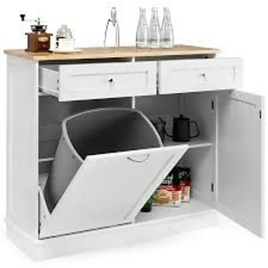 BOXED COSTWAY WOODEN KITCHEN TRASH CABINET TILT OUT BIN HOLDER W/ DRAWER & STORAGE SHELF - WHITE