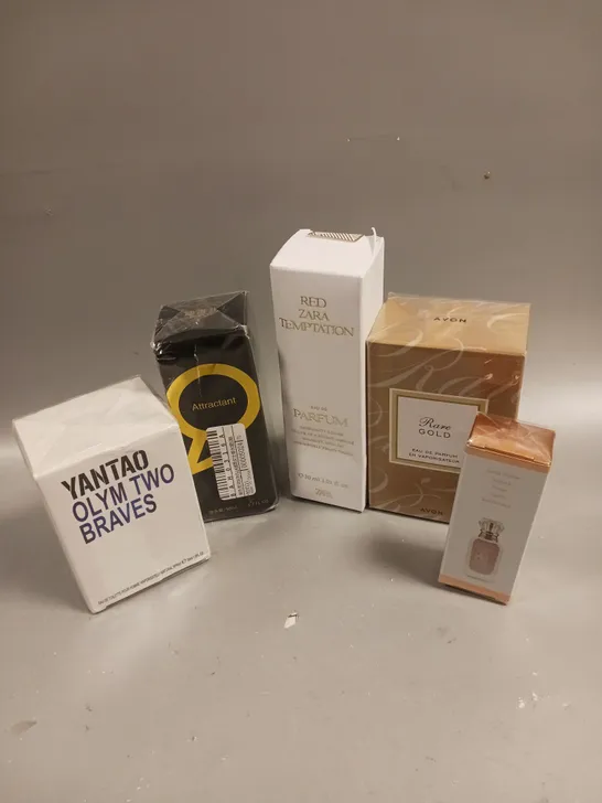 BOX OF 5 ASSORTED PERFUMES TO INCLUDE KAYLI MUSK 12, AVON RARE GOLD AND ZARA RED TEMPTATION ETC