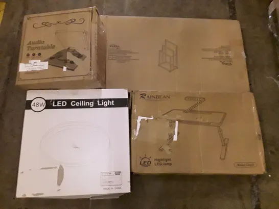 PALLET OF ASSORTED PRODUCTS INCLUDING LED CEILING LIGHT, LED LAMP, METAL TOWEL RACK, AUDIO TURNTABLE, CEILING FAN WITH LIGHT, COMPUTER WORKSTATION 