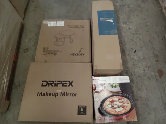 PALLET OF ASSORTED ITEMS INCLUDING DRIPEX MAKEUP MIRROR, NESTING COFFEE TABLE, NEWENTOR MATTRESS TOPPER, JUDGE NON-STICK PIZZA MAKER, YUDA ROUND COFFEE TABLE