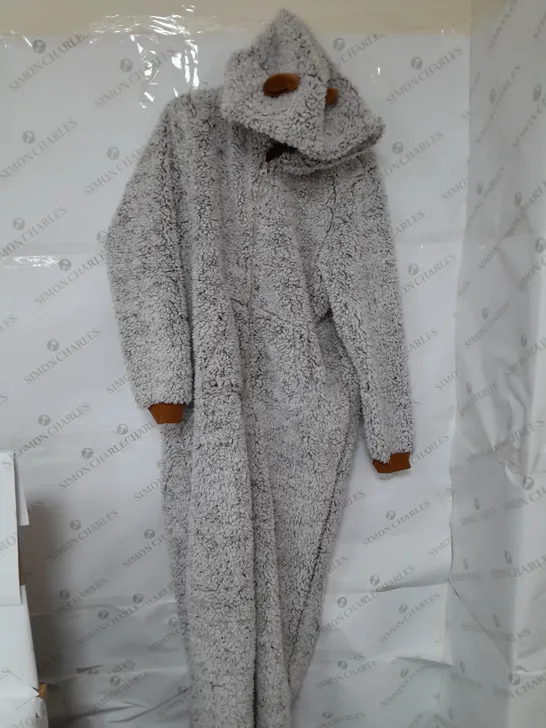 TEDDY BEAR FLUFFY HOODED ONESIE IN GREY AND BROWN