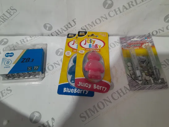 BOX OF APPROX. 20 AUTO ITEMS TO INCLUDE- 8 SPEED CHAIN, BIKE LIGHTS, JELLY BABY AIR FRESHENERS