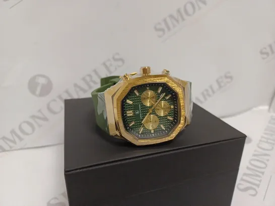 LOUIS LACOMBE MENS CHRONOGRAPH WATCH - YELLOW GOLD COLOURED BEZEL AND CASE - GREEN RUBBER STRAP - 3ATM WATER RESISTANT - DISPLAY BOX