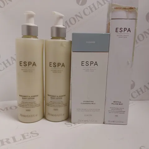 BOX OF 4 ESPA ITEMS TO INCLUDE BODY LOTION, PILLOW MIST AND CLEANSING MILK