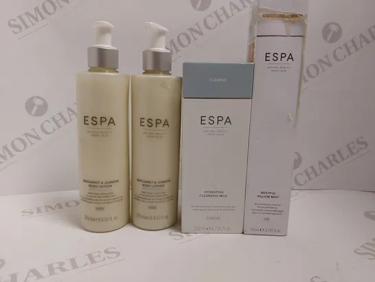 BOX OF 4 ESPA ITEMS TO INCLUDE BODY LOTION, PILLOW MIST AND CLEANSING MILK