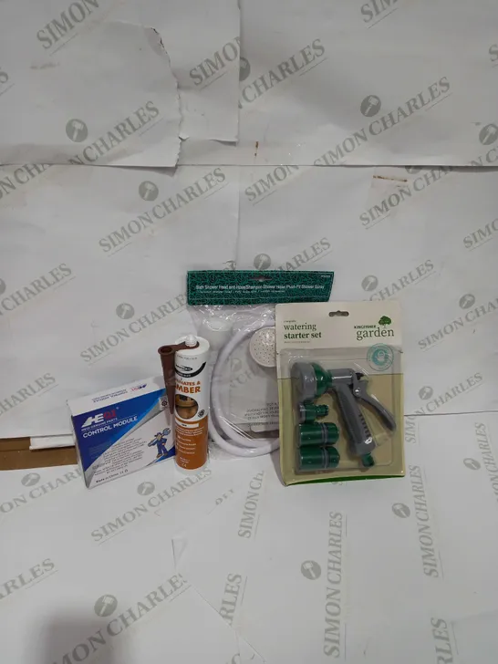 LARGE BOX OF HOUSEHOLD ITEMS TO INCLUDE SHOWER HEAD, WATERING STARTER KIT AND LAMINATES&TIMBER ACRYLIC SEALANT