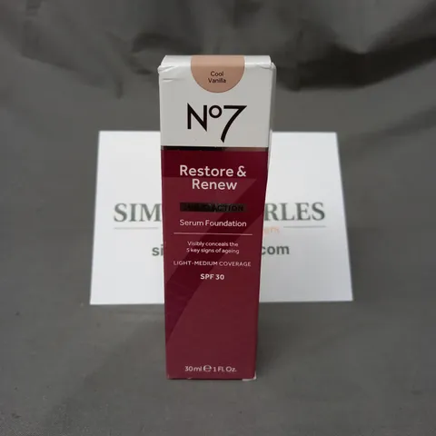 SEALED NO7 RESTORE & RENEW SPF 30 SERUM FOUNDATION IN COOL VANILLA 30ML