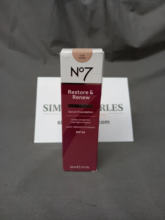 SEALED NO7 RESTORE & RENEW SPF 30 SERUM FOUNDATION IN COOL VANILLA 30ML